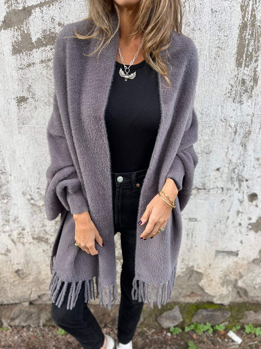 Yolanda Fringed Hem Brushed Longline Open Wrap Cardigan - Grey