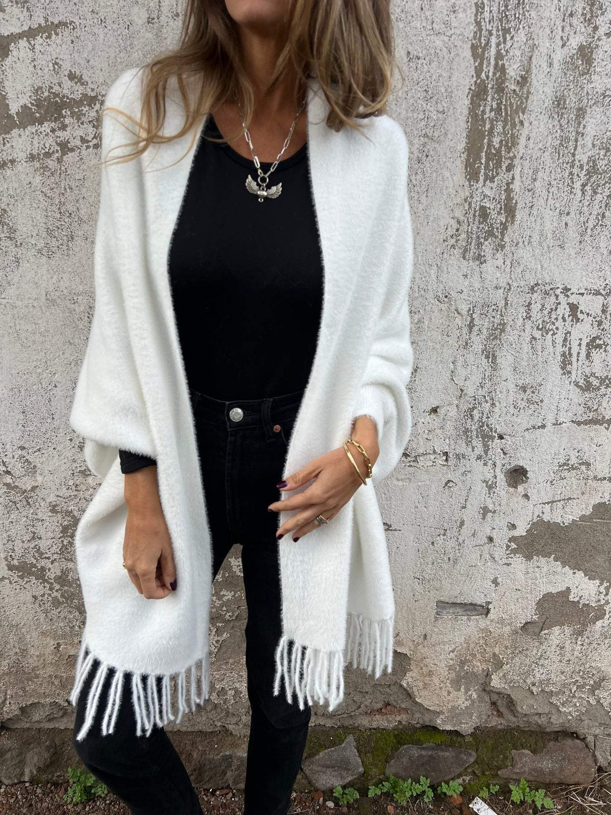 Yolanda Fringed Hem Brushed Longline Open Wrap Cardigan