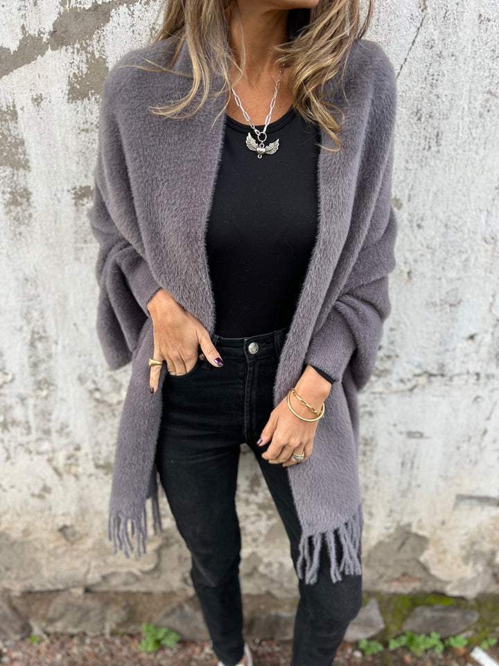 Yolanda Fringed Hem Brushed Longline Open Wrap Cardigan