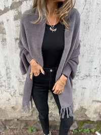 Yolanda Fringed Hem Brushed Longline Open Wrap Cardigan