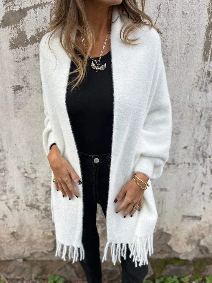 Yolanda Fringed Hem Brushed Longline Open Wrap Cardigan - White