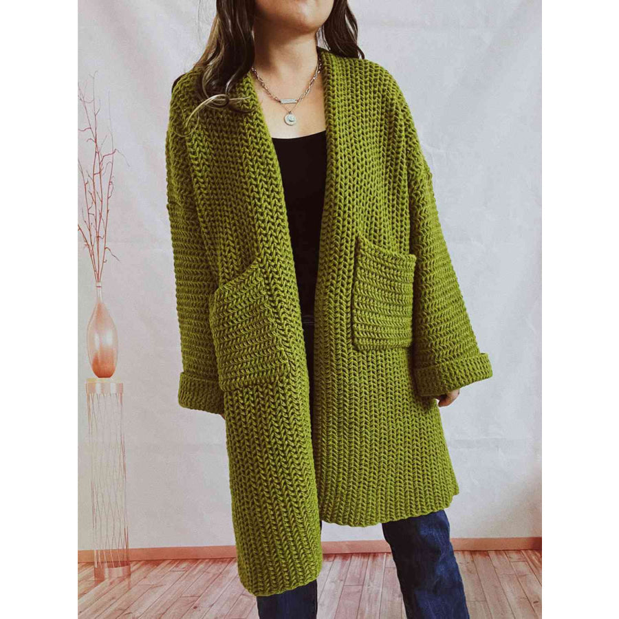 Tallulah Chunky Waffle Knit Open Front Longline Cardigan - Moss