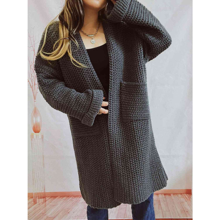Tallulah Chunky Waffle Knit Open Front Longline Cardigan - Charcoal