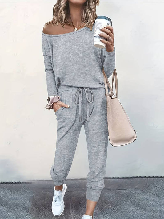 Clara Off Shoulder Sweatshirt and Drawstring Jogger Set - Grey