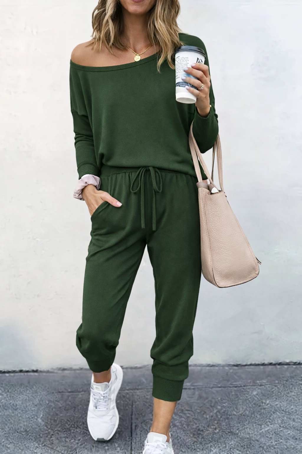 Clara Off Shoulder Sweatshirt and Drawstring Jogger Set - Green