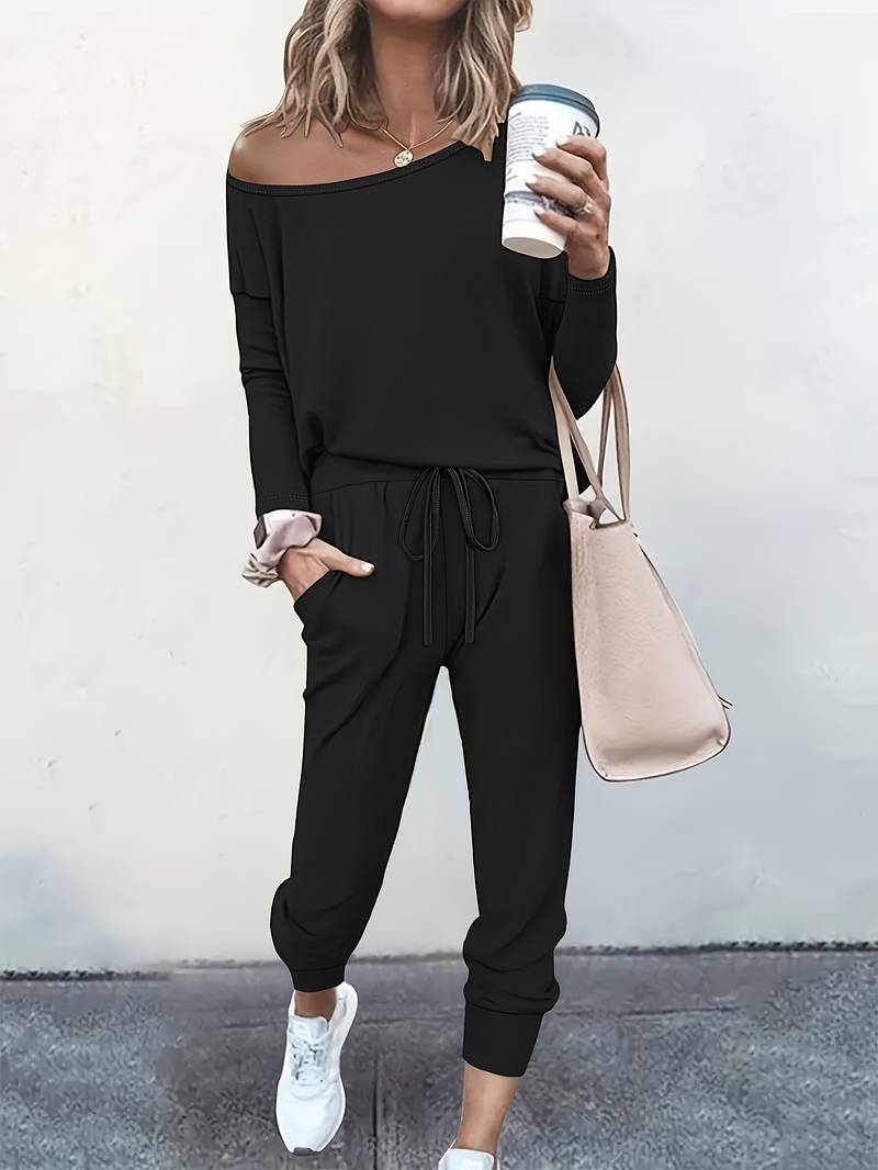 Clara Off Shoulder Sweatshirt and Drawstring Jogger Set - Black