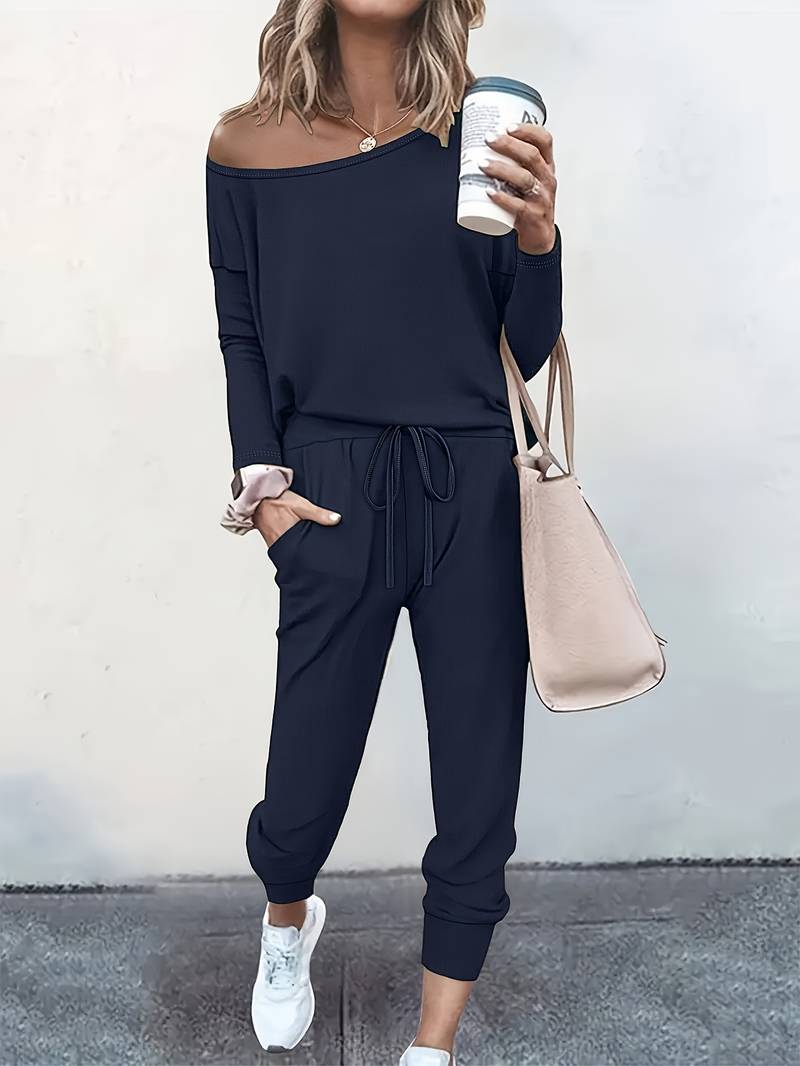 Clara Off Shoulder Sweatshirt and Drawstring Jogger Set - Azure