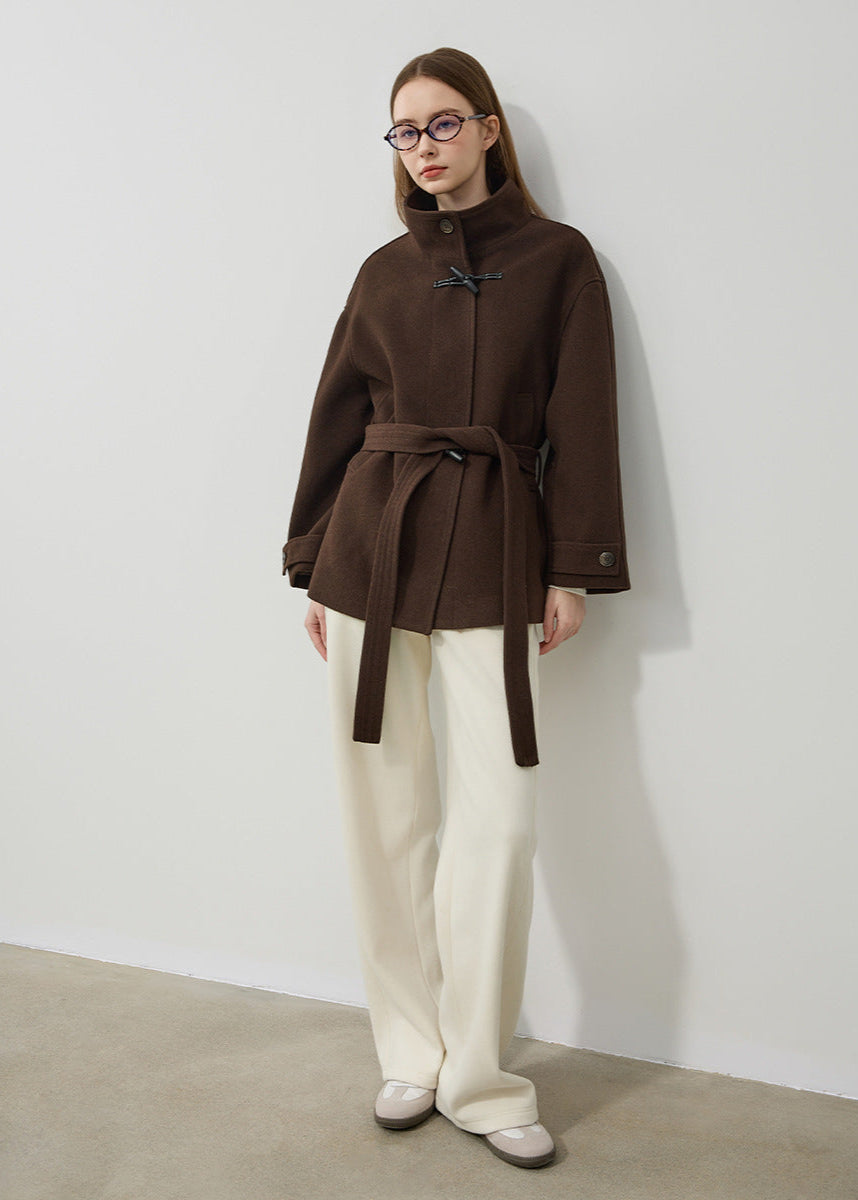 Raquel Funnel Neck Toggle Front Belted Short Wrap Coat