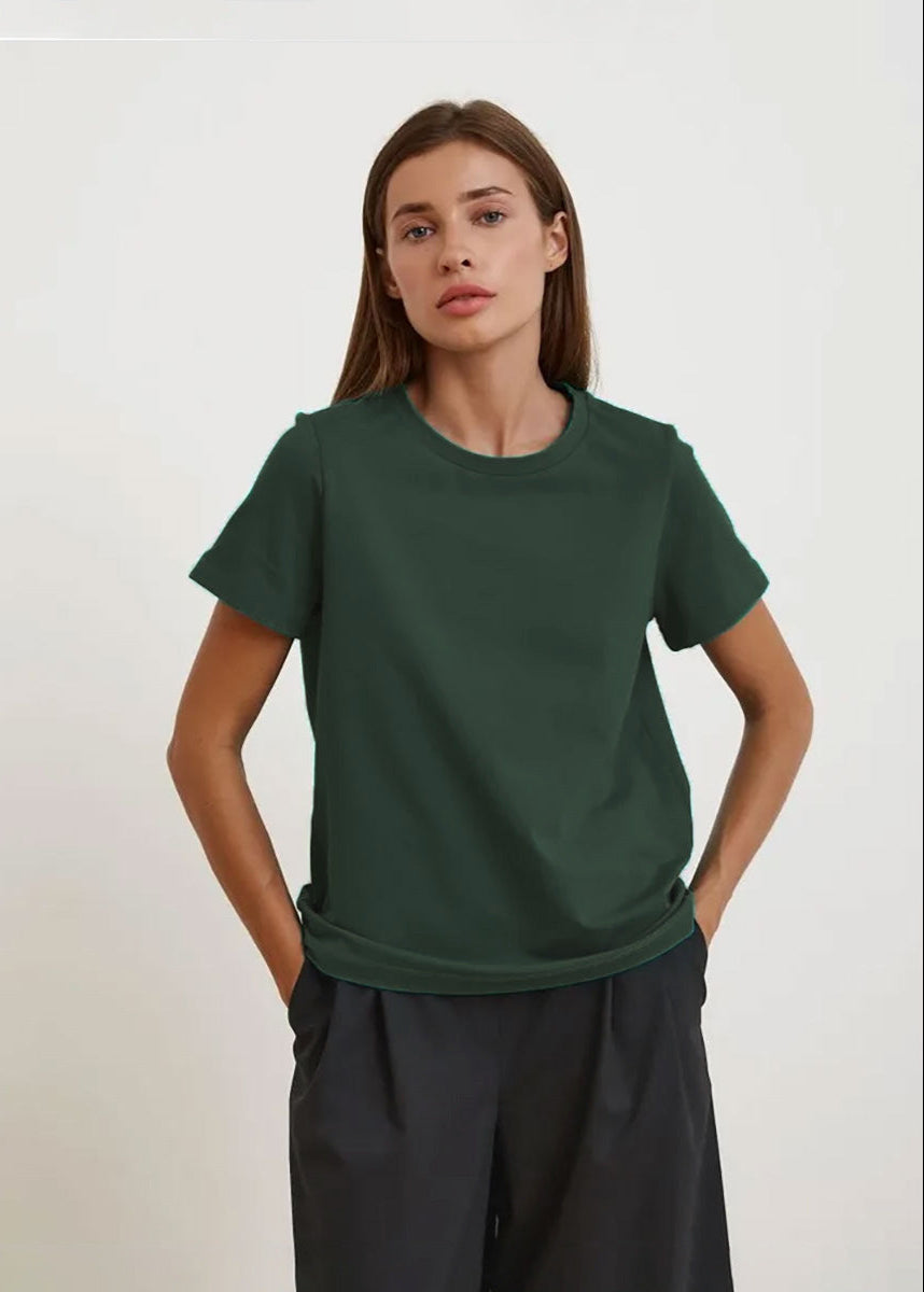 Eliane Plain Crew Neck Short Sleeve Relaxed Everyday Jersey Tee - Green