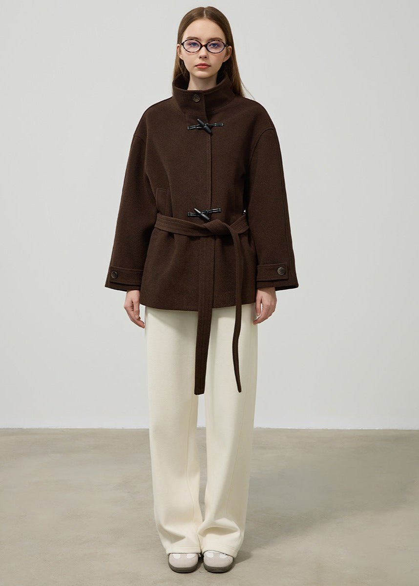 Raquel Funnel Neck Toggle Front Belted Short Wrap Coat