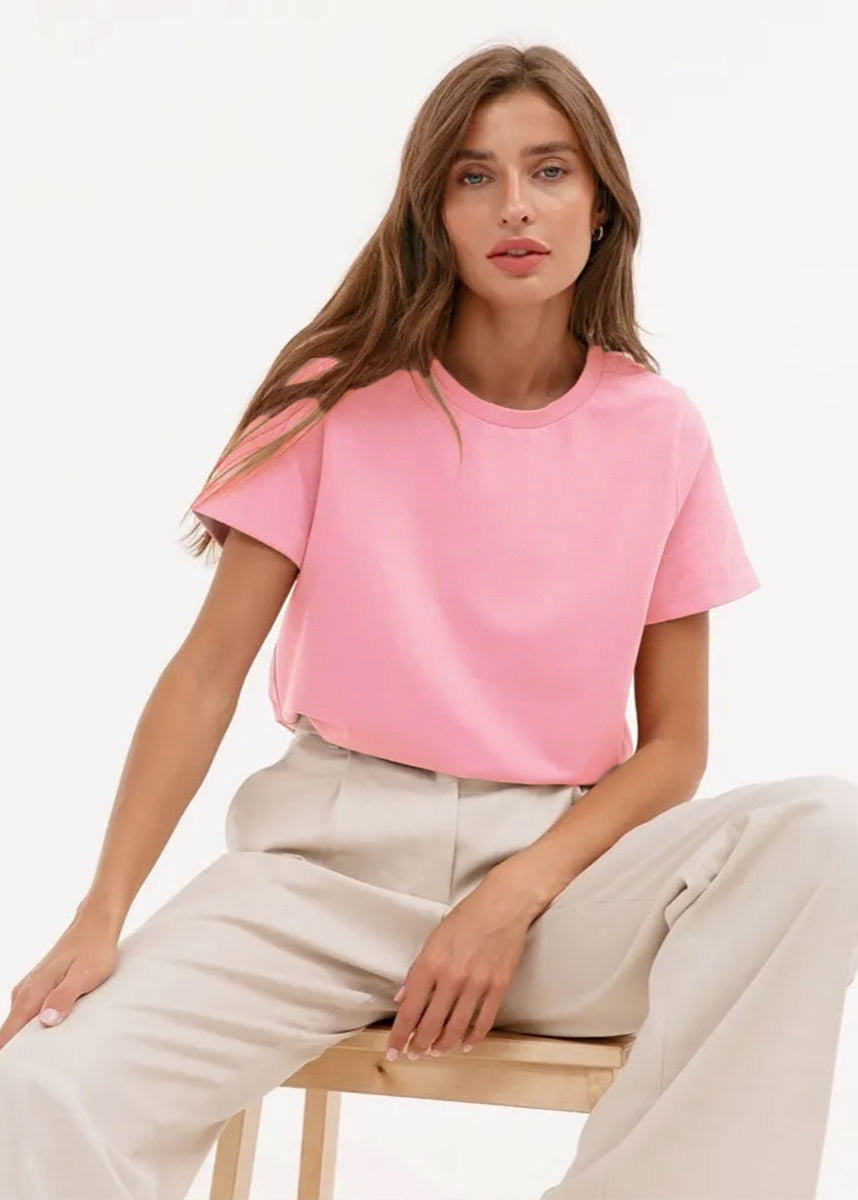 Eliane Plain Crew Neck Short Sleeve Relaxed Everyday Jersey Tee - Pink