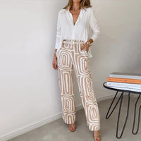 Ines Plain Shirt and Retro Swirl Print Wide Trouser Set