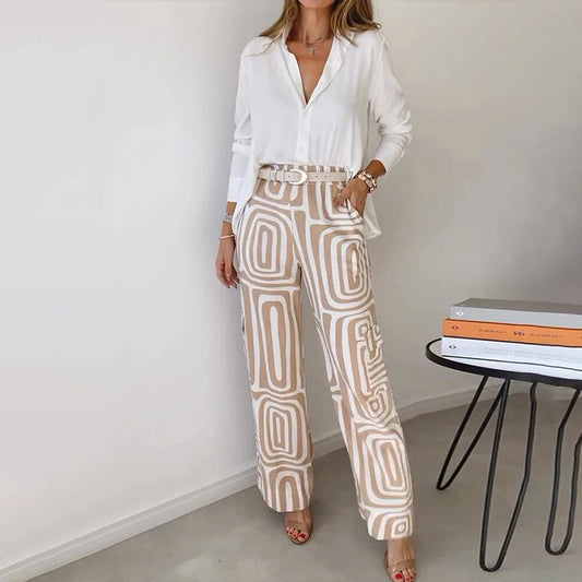 Ines Plain Shirt and Retro Swirl Print Wide Trouser Set - Khaki