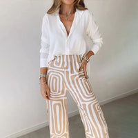 Ines Plain Shirt and Retro Swirl Print Wide Trouser Set