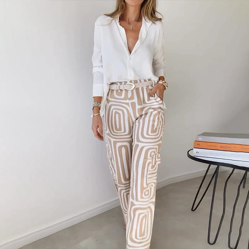 Ines Plain Shirt and Retro Swirl Print Wide Trouser Set