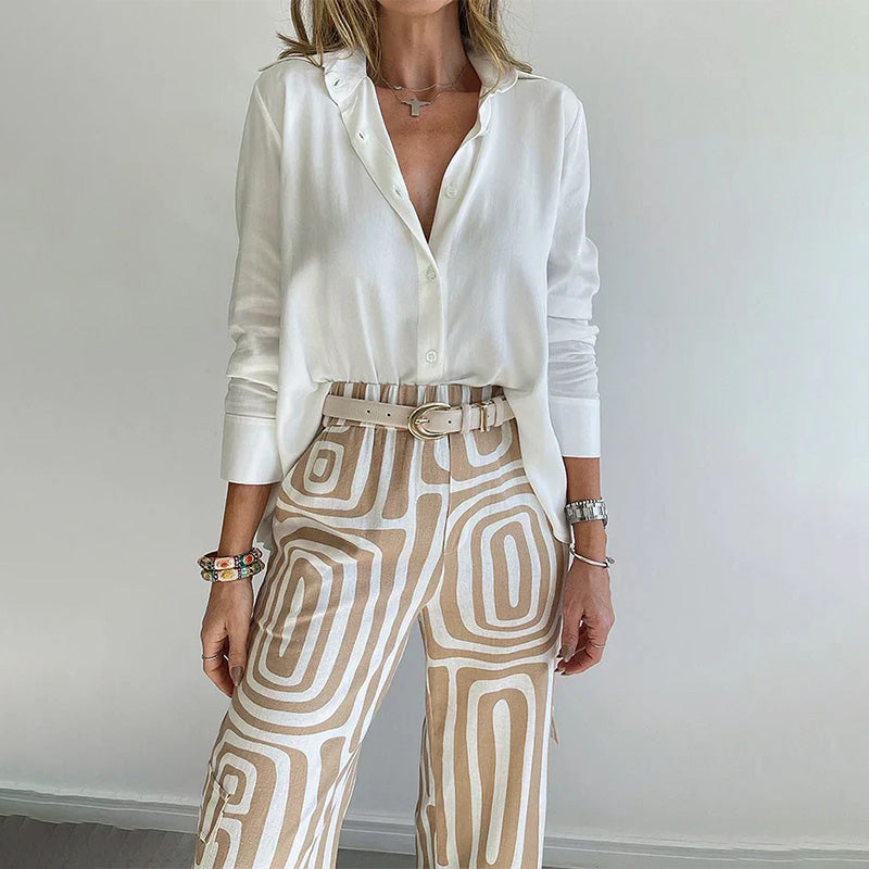 Ines Plain Shirt and Retro Swirl Print Wide Trouser Set