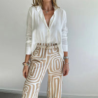 Ines Plain Shirt and Retro Swirl Print Wide Trouser Set