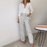 Ines Plain Shirt and Retro Swirl Print Wide Trouser Set