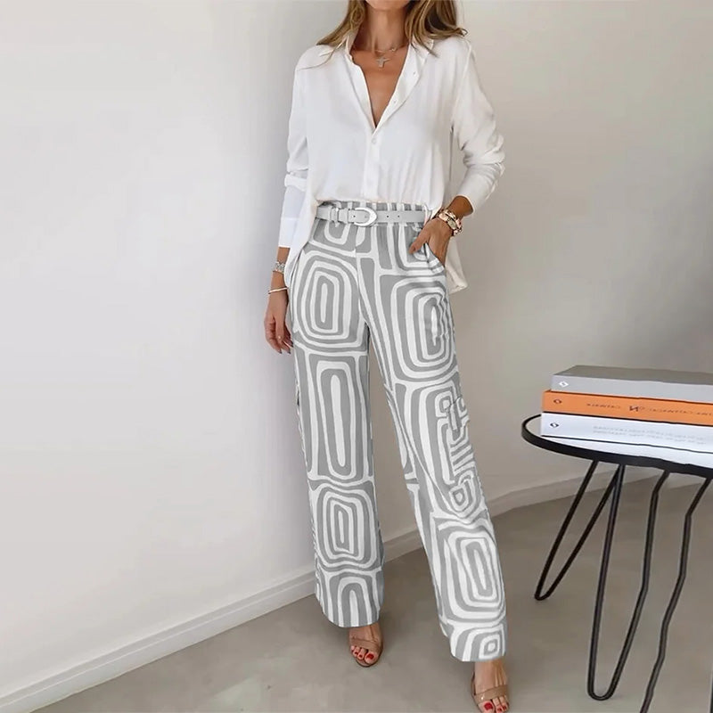 Ines Plain Shirt and Retro Swirl Print Wide Trouser Set