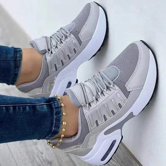 Emeline Air Cushioned Sole Lace Up Mesh Panel Running Trainers - Gray