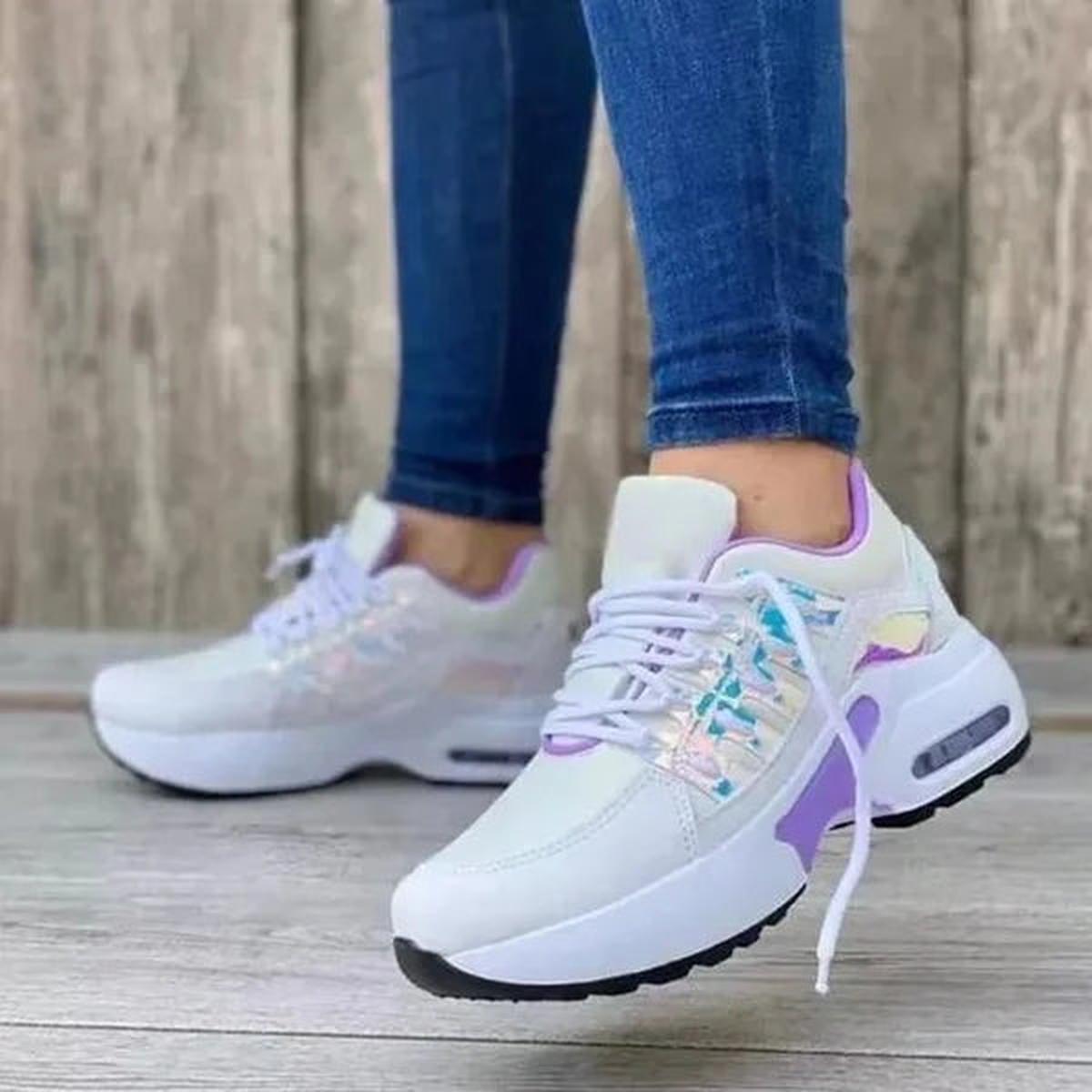 Emeline Air Cushioned Sole Lace Up Mesh Panel Running Trainers - Purple