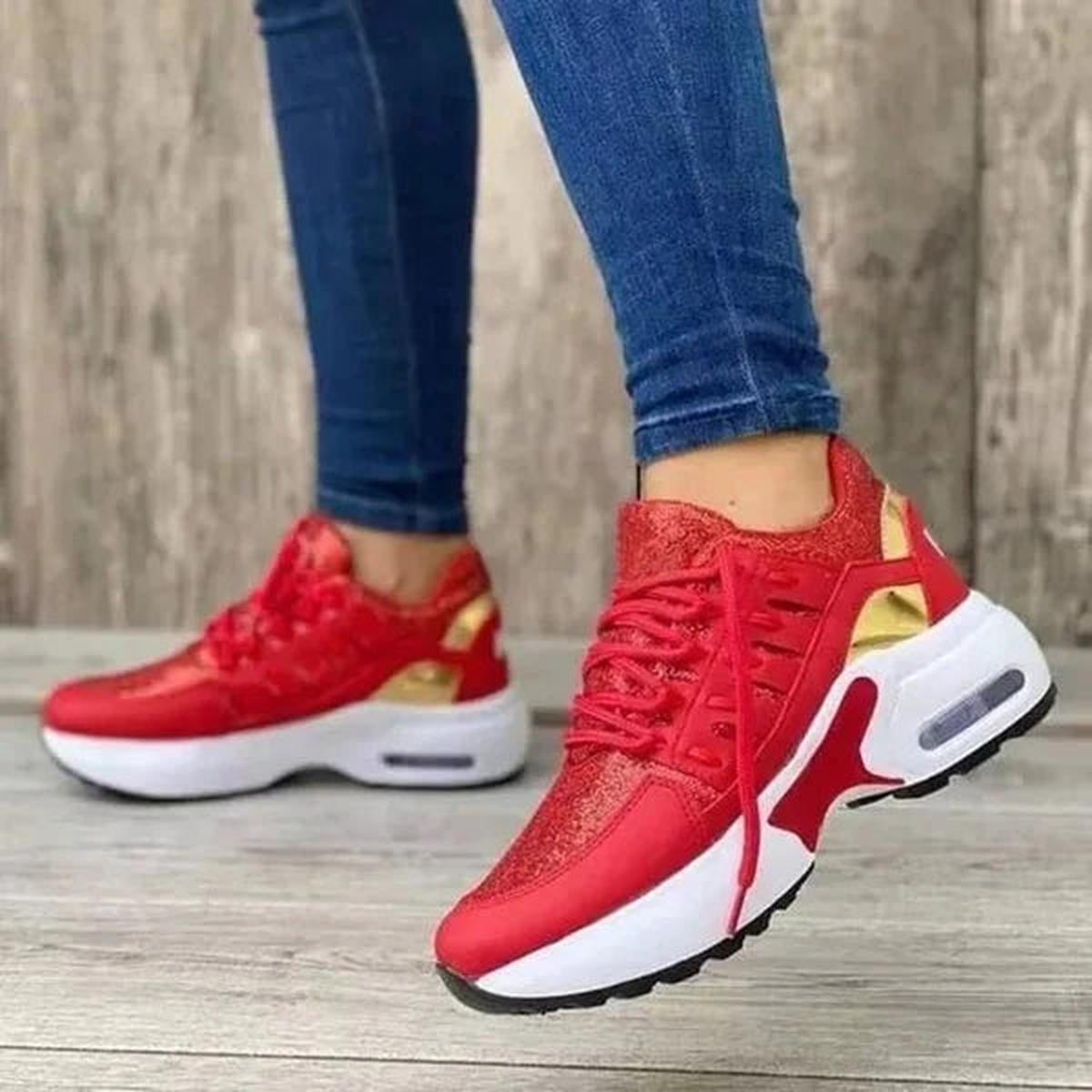 Emeline Air Cushioned Sole Lace Up Mesh Panel Running Trainers - Red