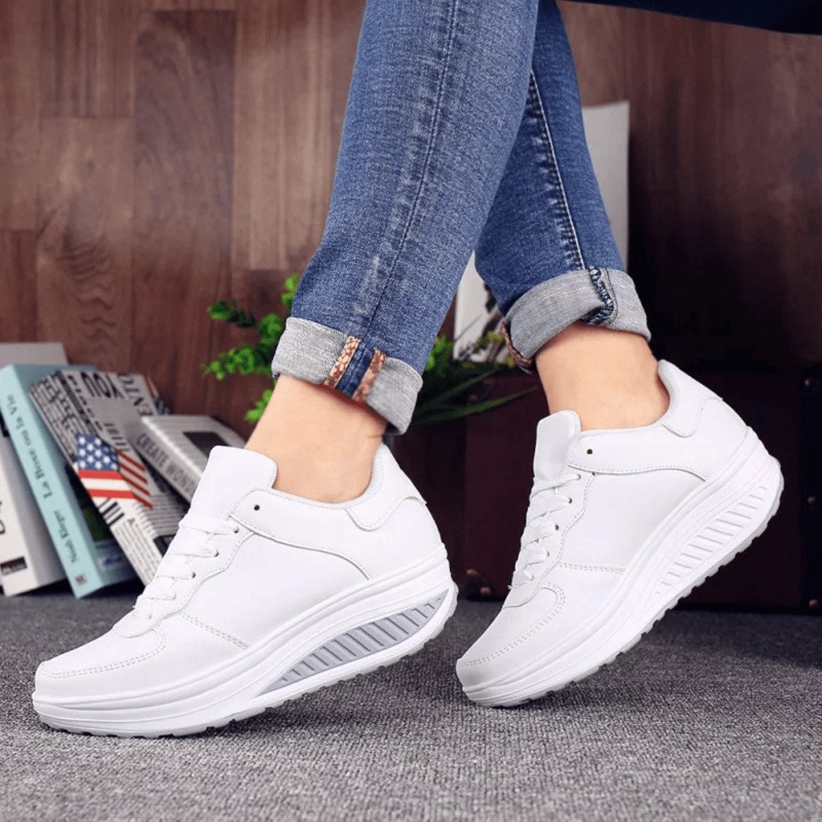 Angeline Rocker Sole Lace Up Padded Collar Walking Trainers - White