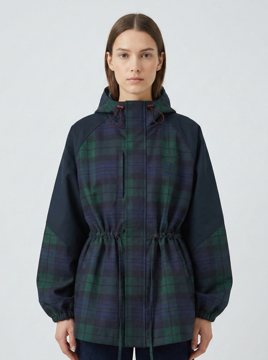 Seraphina Tartan Check Hooded Drawcord Waist Anorak Jacket - Dark Blue
