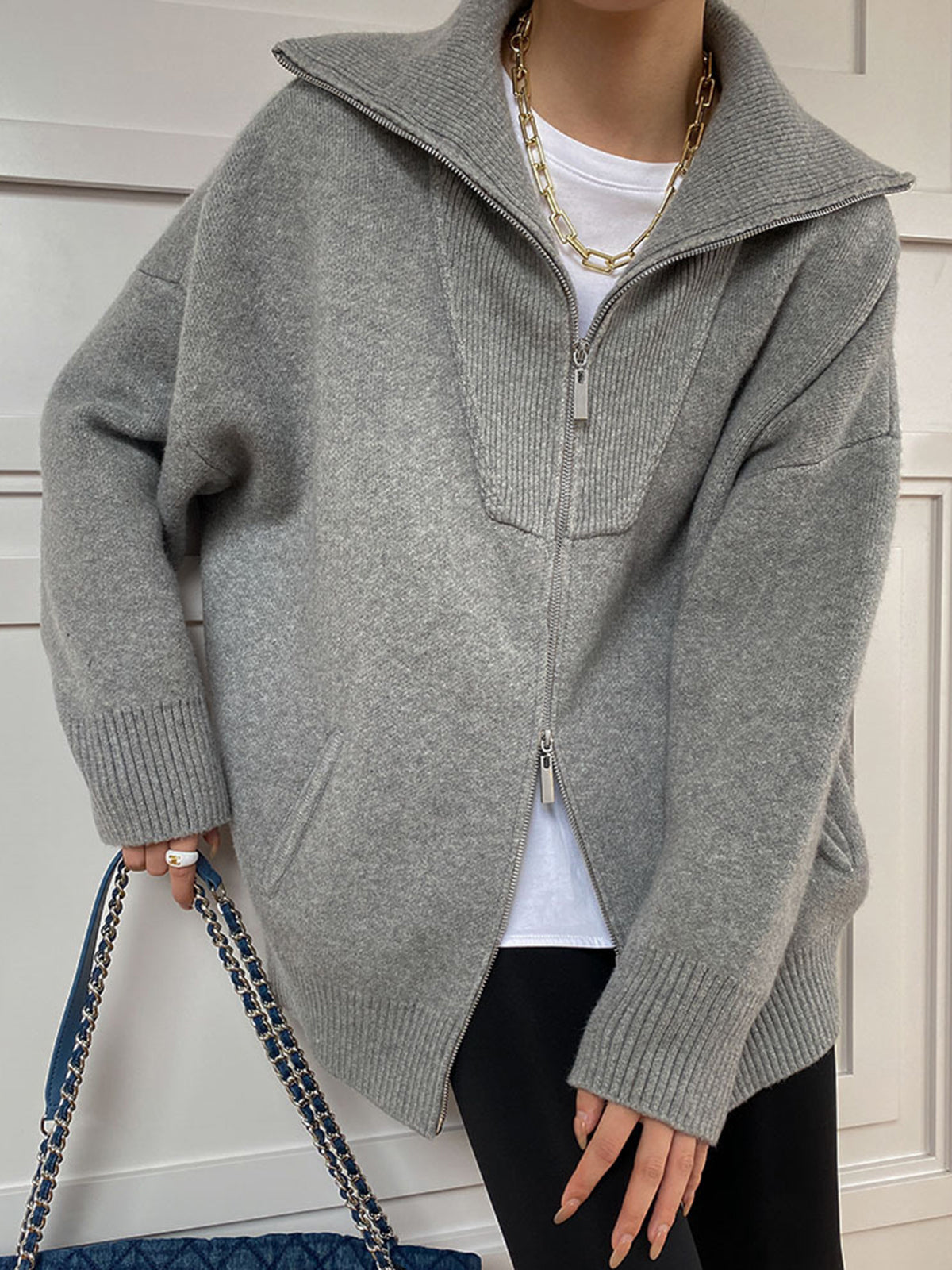 Delphia Funnel Neck Zip Through Oversized Knit Jacket