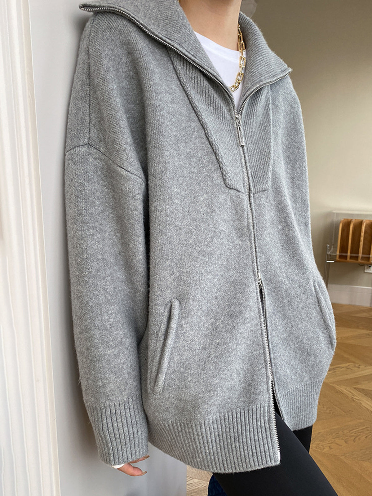 Delphia Funnel Neck Zip Through Oversized Knit Jacket