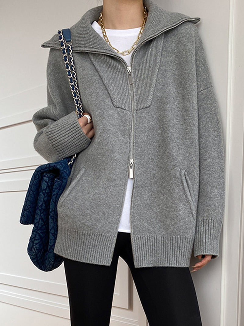 Delphia Funnel Neck Zip Through Oversized Knit Jacket