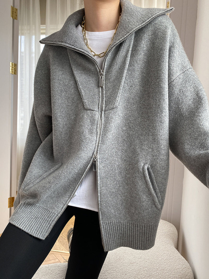 Delphia Funnel Neck Zip Through Oversized Knit Jacket