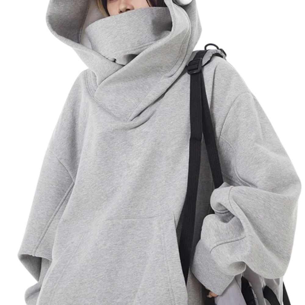 Eulalia Oversized Double Layer Hood Kangaroo Pocket Hoodie - Grey