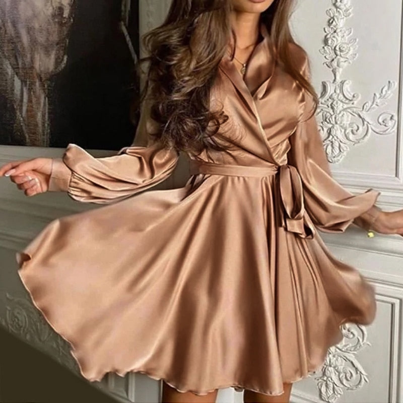 Zelie Belted Wrap Front Blouson Sleeve Full Skirt Mini Dress - Brown