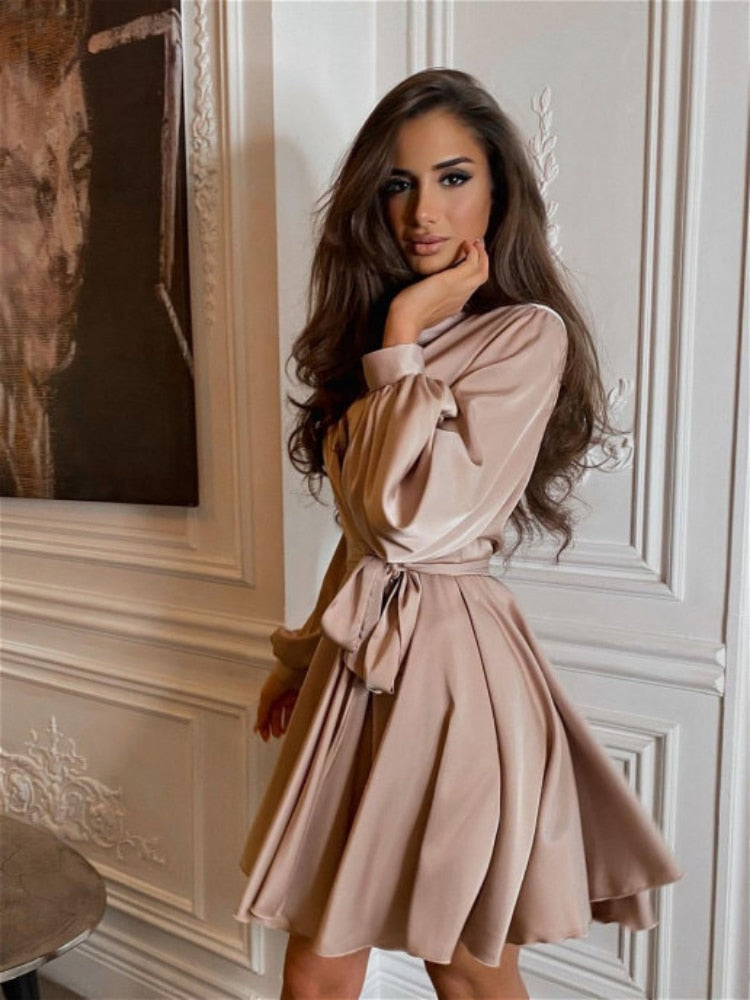 Zelie Belted Wrap Front Blouson Sleeve Full Skirt Mini Dress