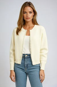 Anais Pearl Trim Edge Cropped Round Neck Knit Cardigan