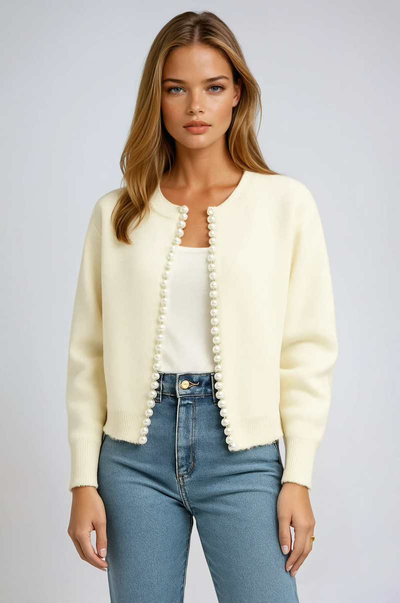 Anais Pearl Trim Edge Cropped Round Neck Knit Cardigan