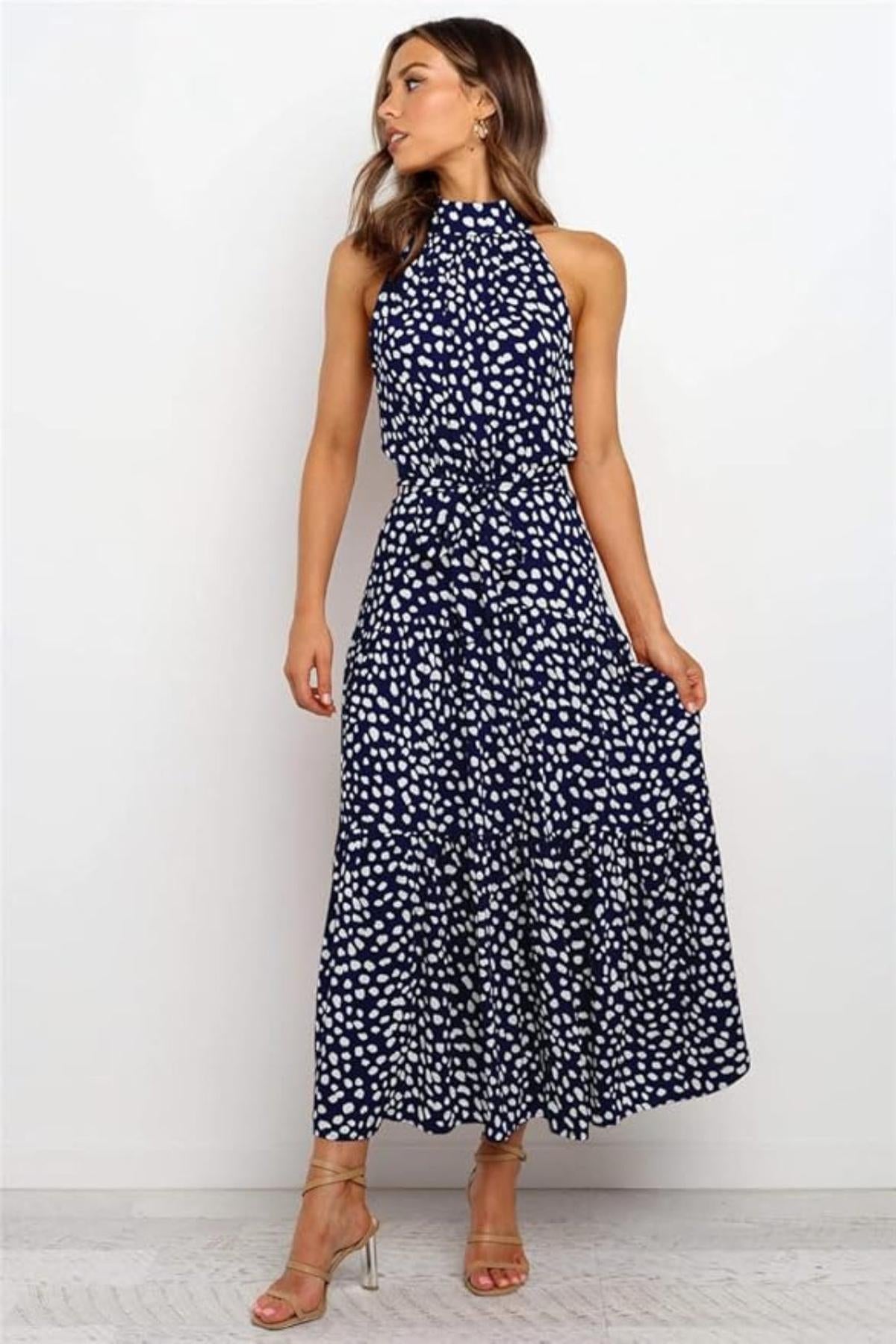 Cecile Spot Print High Neck Sleeveless Tiered Skirt Maxi Dress - Navy Blue