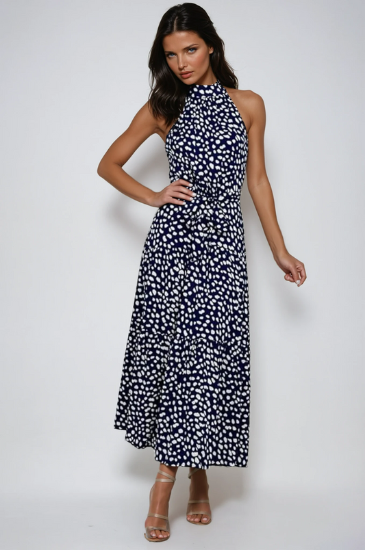 Cecile Spot Print High Neck Sleeveless Tiered Skirt Maxi Dress