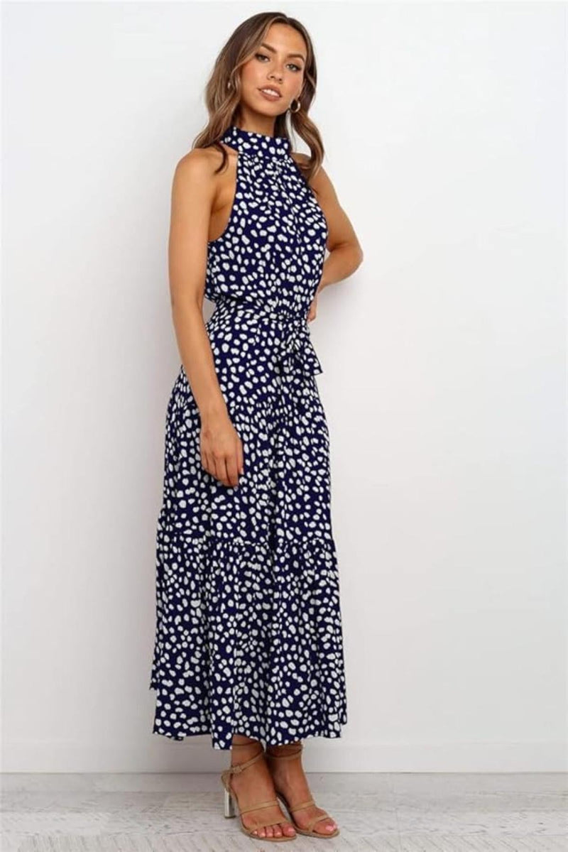 Cecile Spot Print High Neck Sleeveless Tiered Skirt Maxi Dress