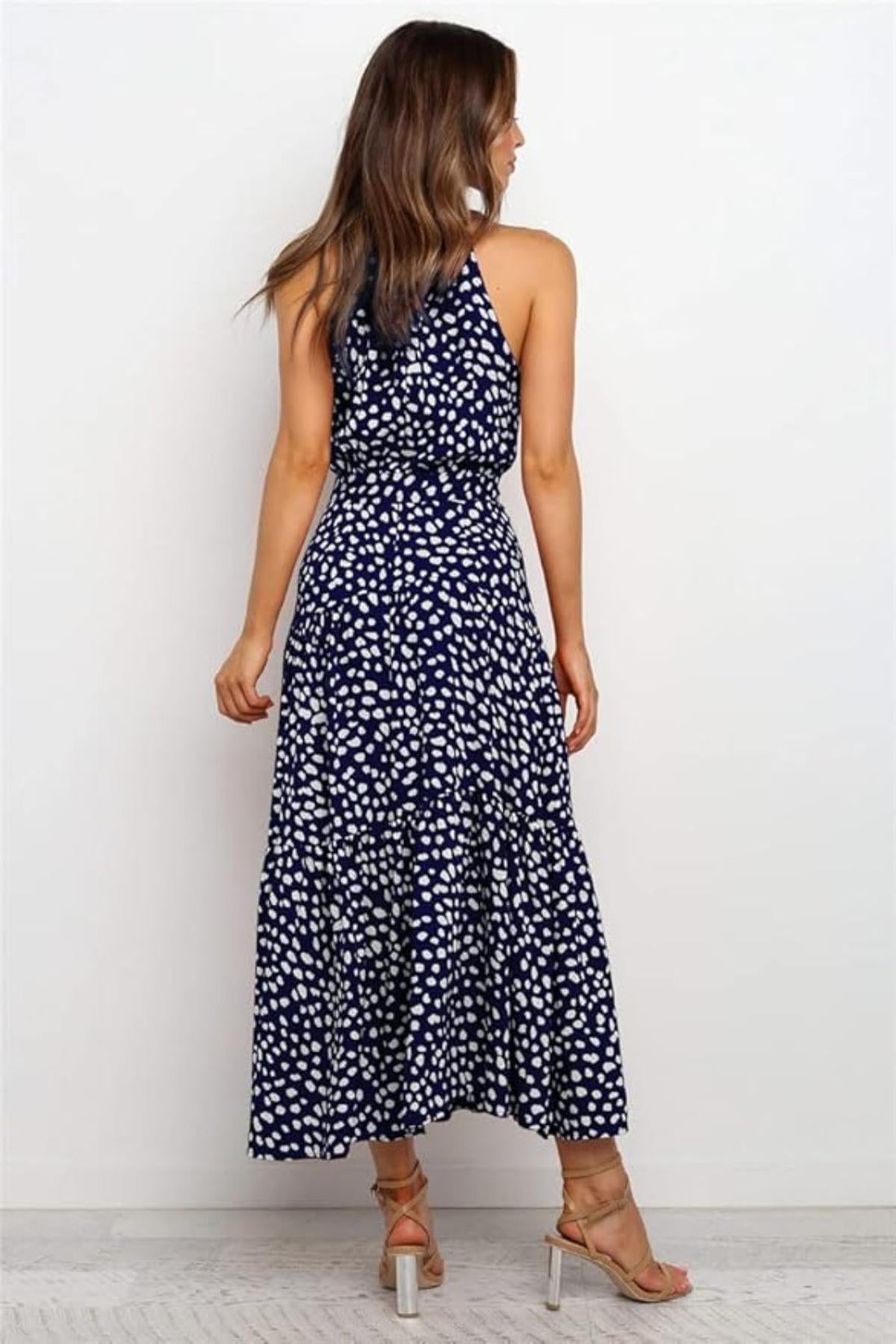 Cecile Spot Print High Neck Sleeveless Tiered Skirt Maxi Dress