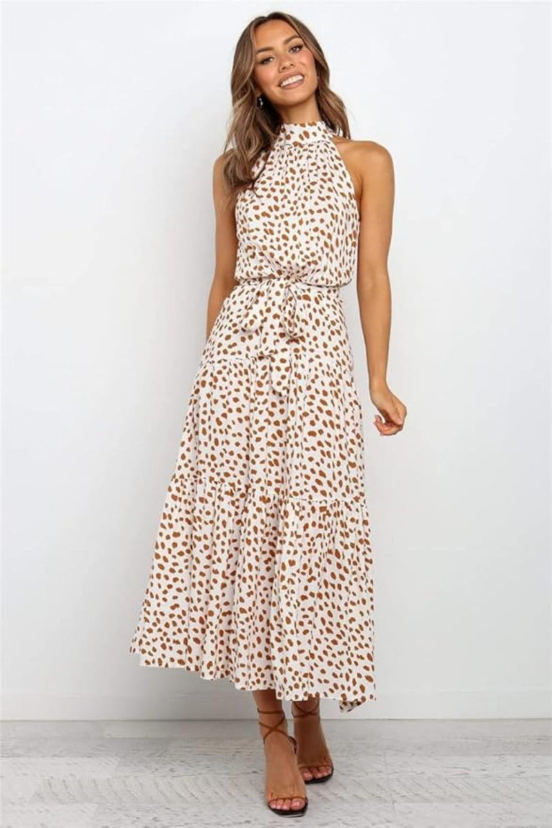 Cecile Spot Print High Neck Sleeveless Tiered Skirt Maxi Dress