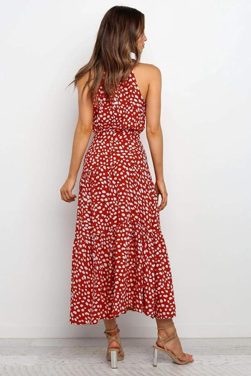 Cecile Spot Print High Neck Sleeveless Tiered Skirt Maxi Dress