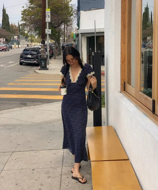 Beatrice Spot Print Bias Cut V Neck Short Sleeve Maxi Dress - Dark Blue