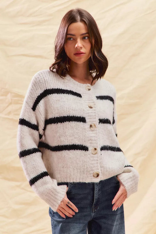 Elodie Breton Stripe Round Neck Button Front Knit Cardigan - White