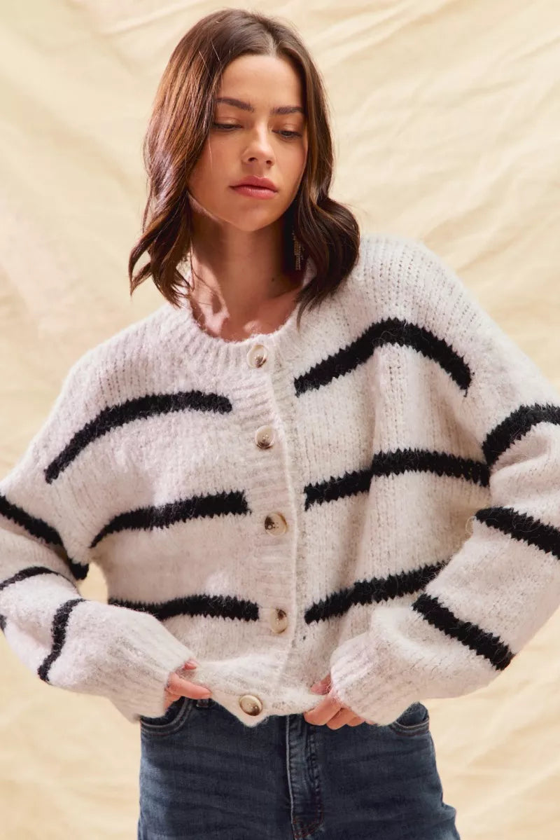 Elodie Breton Stripe Round Neck Button Front Knit Cardigan