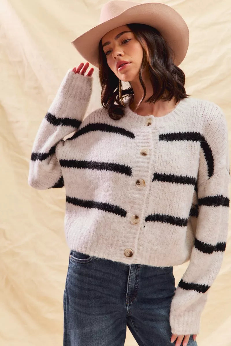 Elodie Breton Stripe Round Neck Button Front Knit Cardigan