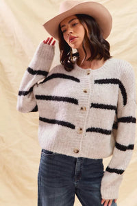 Elodie Breton Stripe Round Neck Button Front Knit Cardigan