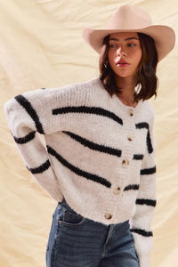Elodie Breton Stripe Round Neck Button Front Knit Cardigan