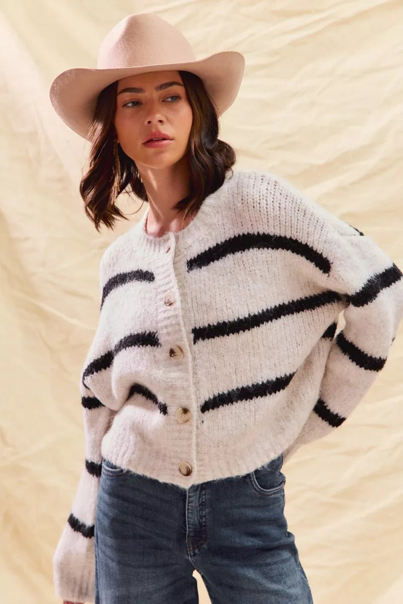 Elodie Breton Stripe Round Neck Button Front Knit Cardigan